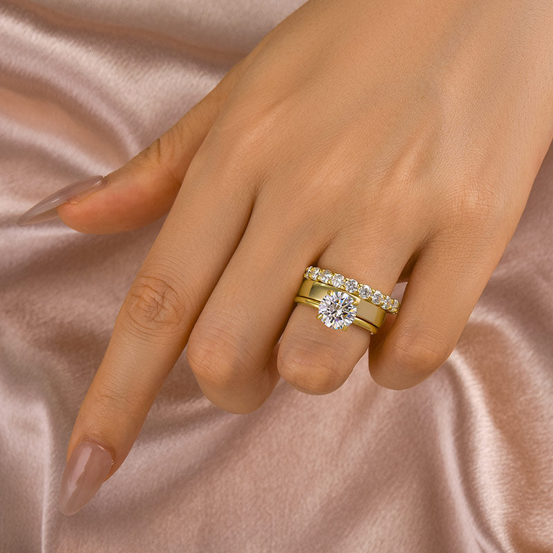 2 Carat Round Moissanite Yellow Gold Wedding Ring Set with Wide Band