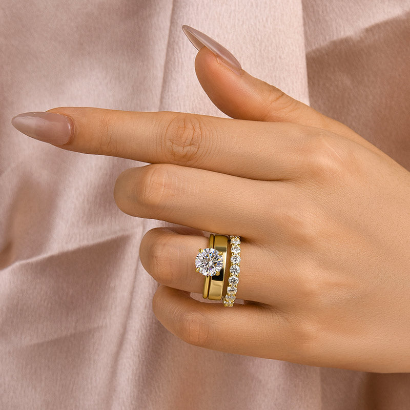 2 Carat Round Moissanite Yellow Gold Wedding Ring Set with Wide Band