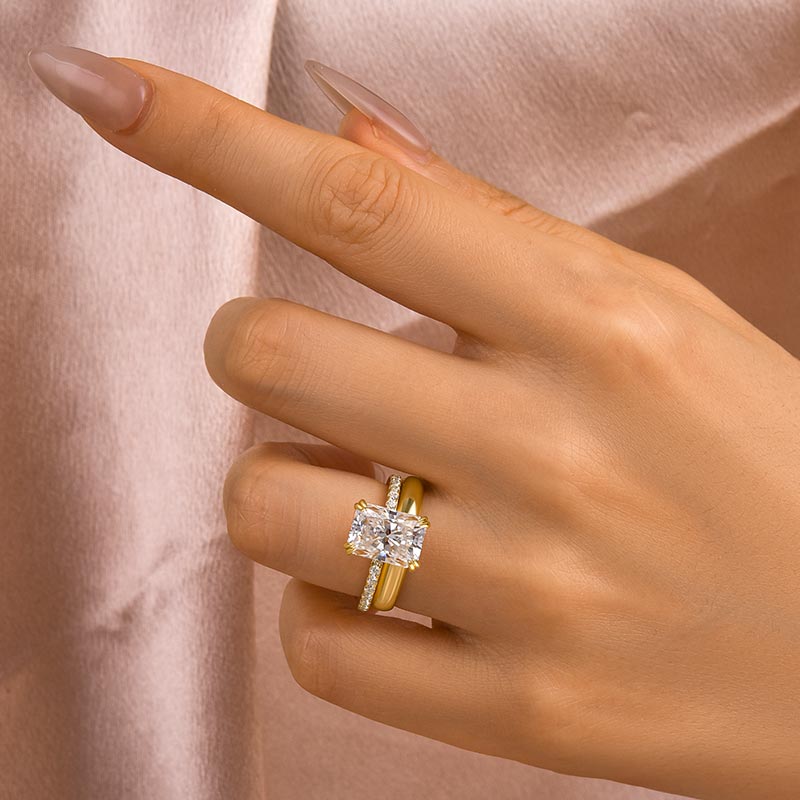 4.5Ct Radiant Cut Moissanite Wedding Ring Set - Wide Yellow Gold Band