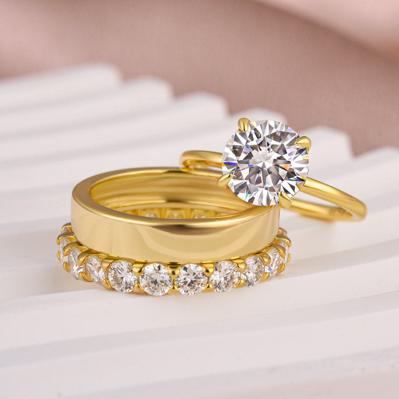 2 Carat Round Moissanite Yellow Gold Wedding Ring Set with Wide Band