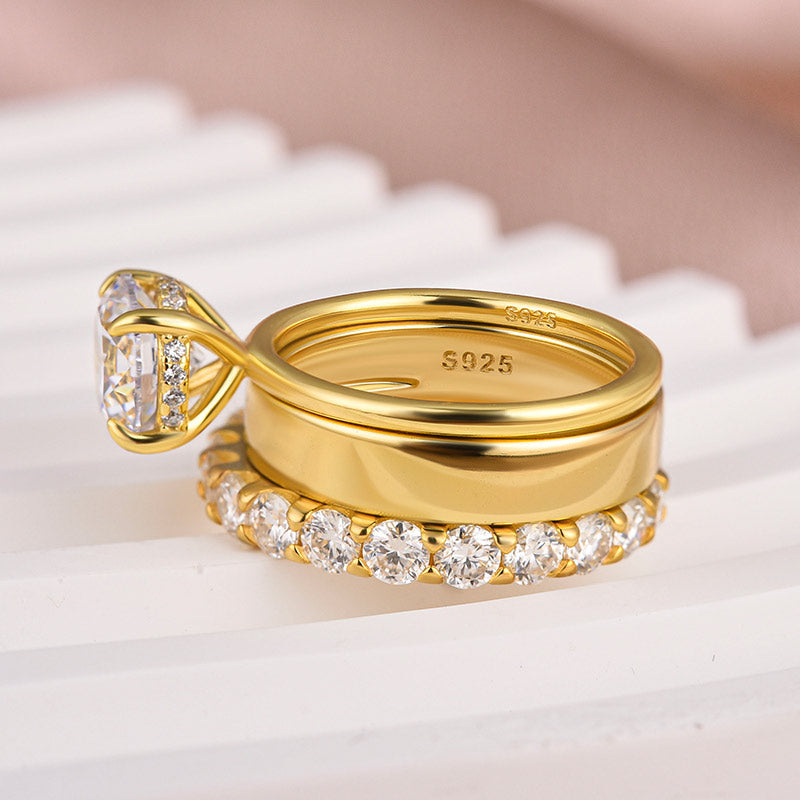 2 Carat Round Moissanite Yellow Gold Wedding Ring Set with Wide Band