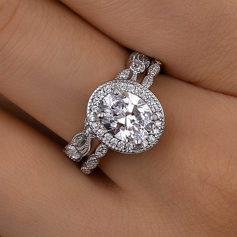 2.0ct Oval Cut Diamond Halo Ring Set - White Gold