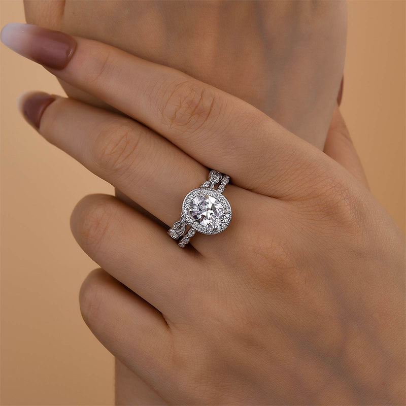 2.0ct Oval Cut Diamond Halo Ring Set - White Gold