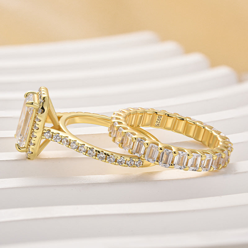 2.5ct Emerald Cut Diamond Ring Set - Platinum Plated