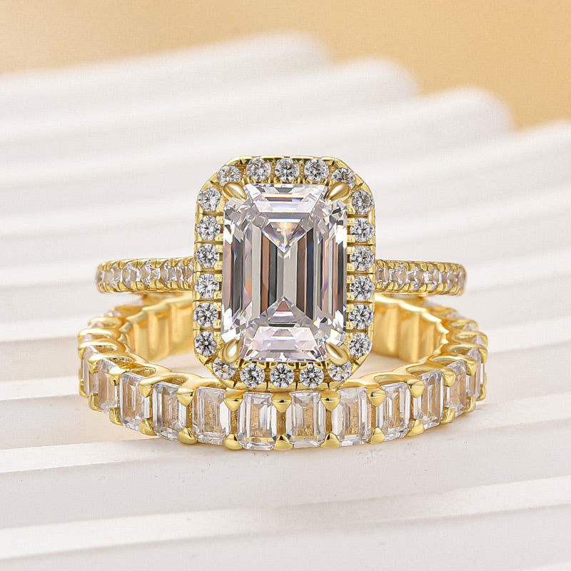2.5ct Emerald Cut Diamond Ring Set - Platinum Plated