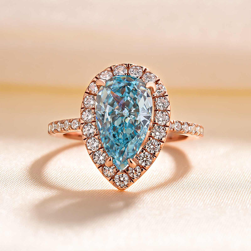 3.25 Carat Pear Cut Cyan Blue Diamond Ring – Rose Gold Plated