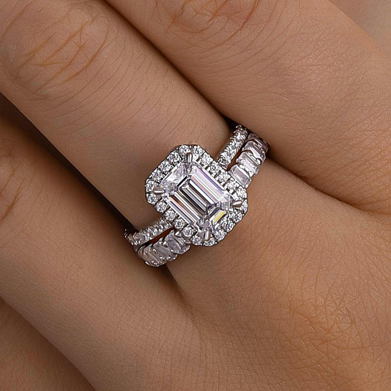 2.5ct Emerald Cut Diamond Ring Set - Platinum Plated