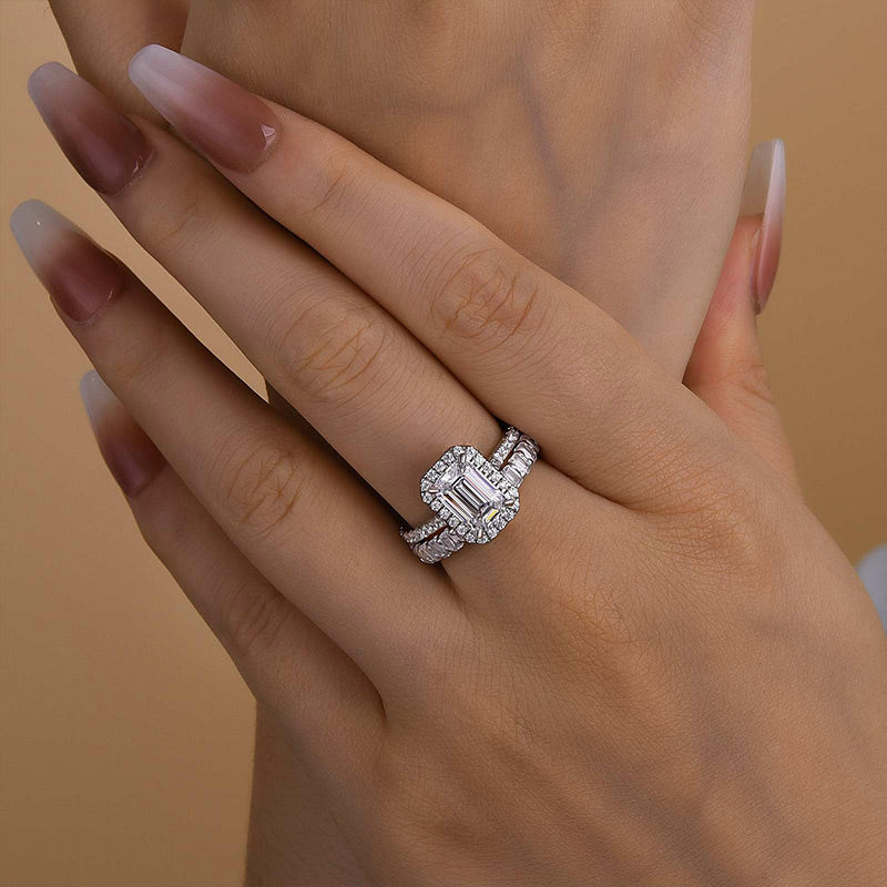 2.5ct Emerald Cut Diamond Ring Set - Platinum Plated