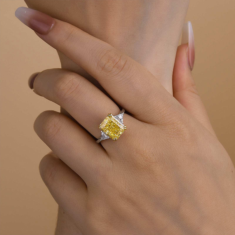 4.0Ct Radiant Cut Yellow Diamond Ring with Triangle Accents