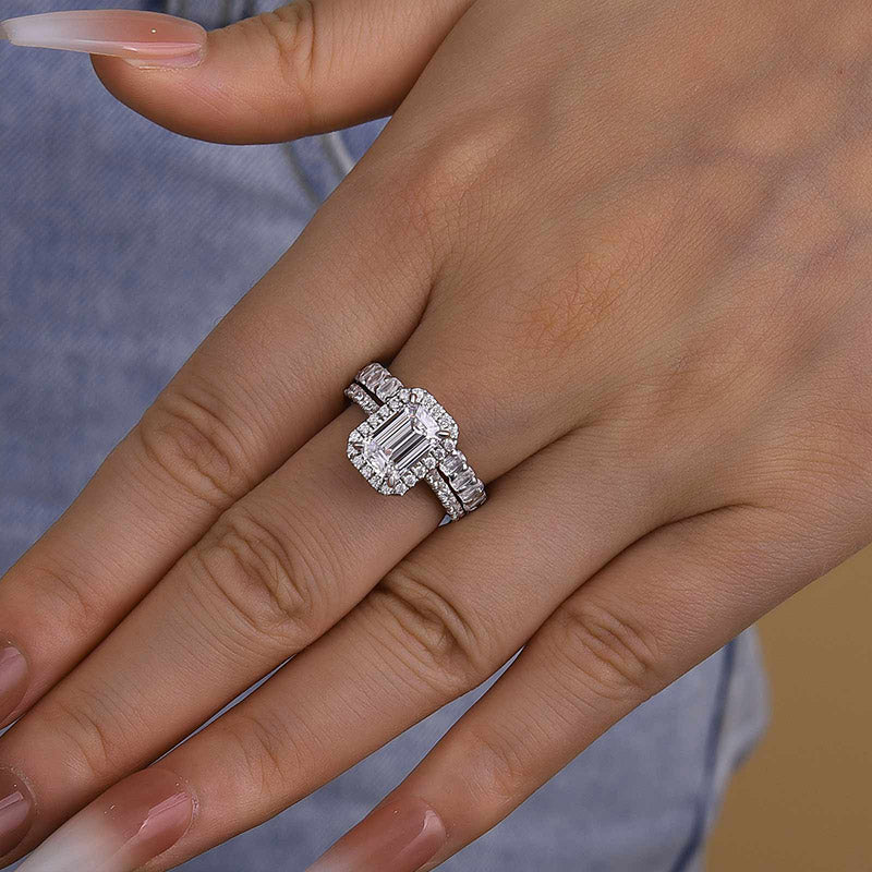2.5ct Emerald Cut Diamond Ring Set - Platinum Plated