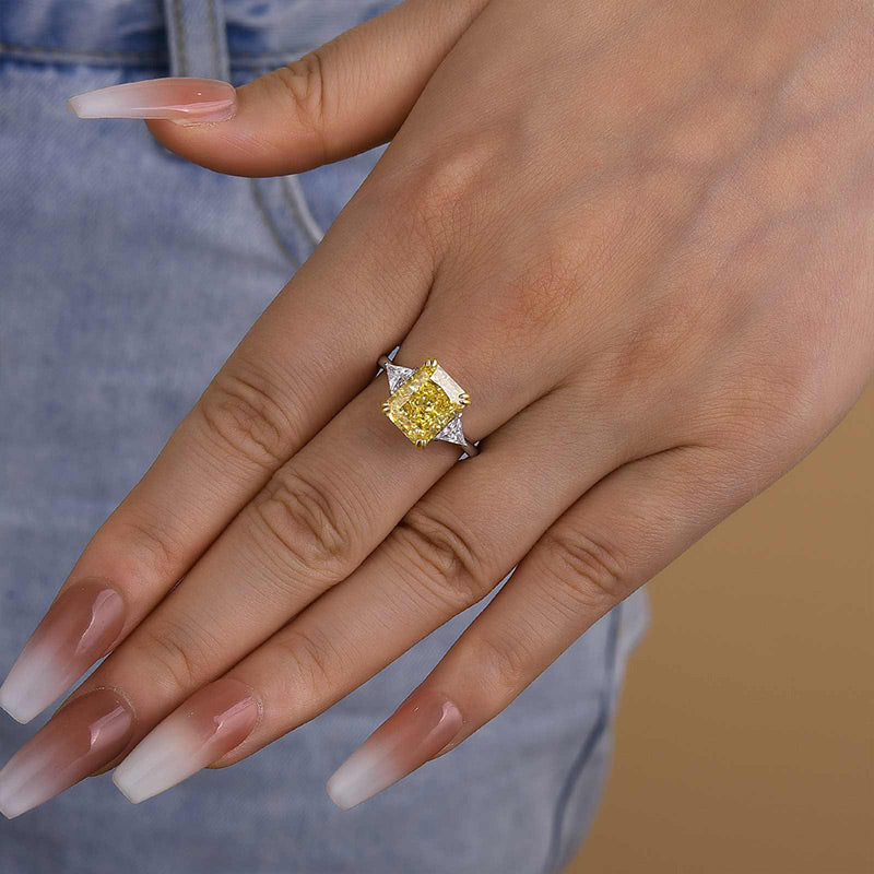 4.0Ct Radiant Cut Yellow Diamond Ring with Triangle Accents