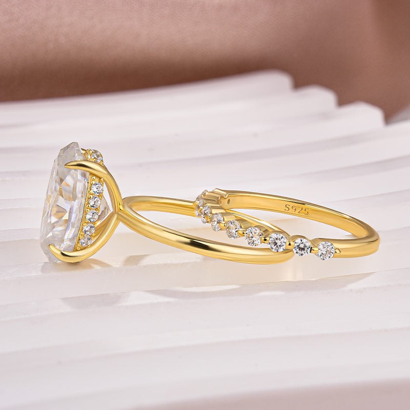 55 Carat Oval Moissanite Ring Set 925 Silver 18K Yellow Gold