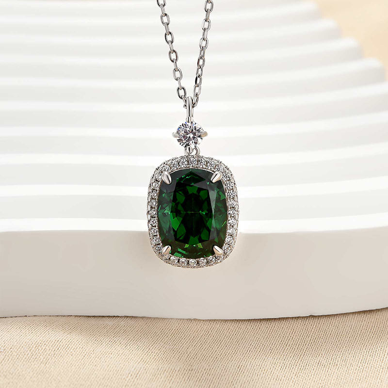 925 Silver White Gold Plated 10x13mm Cushion Emerald Diamond Necklace