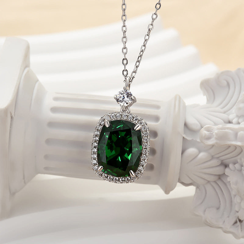 925 Silver White Gold Plated 10x13mm Cushion Emerald Diamond Necklace