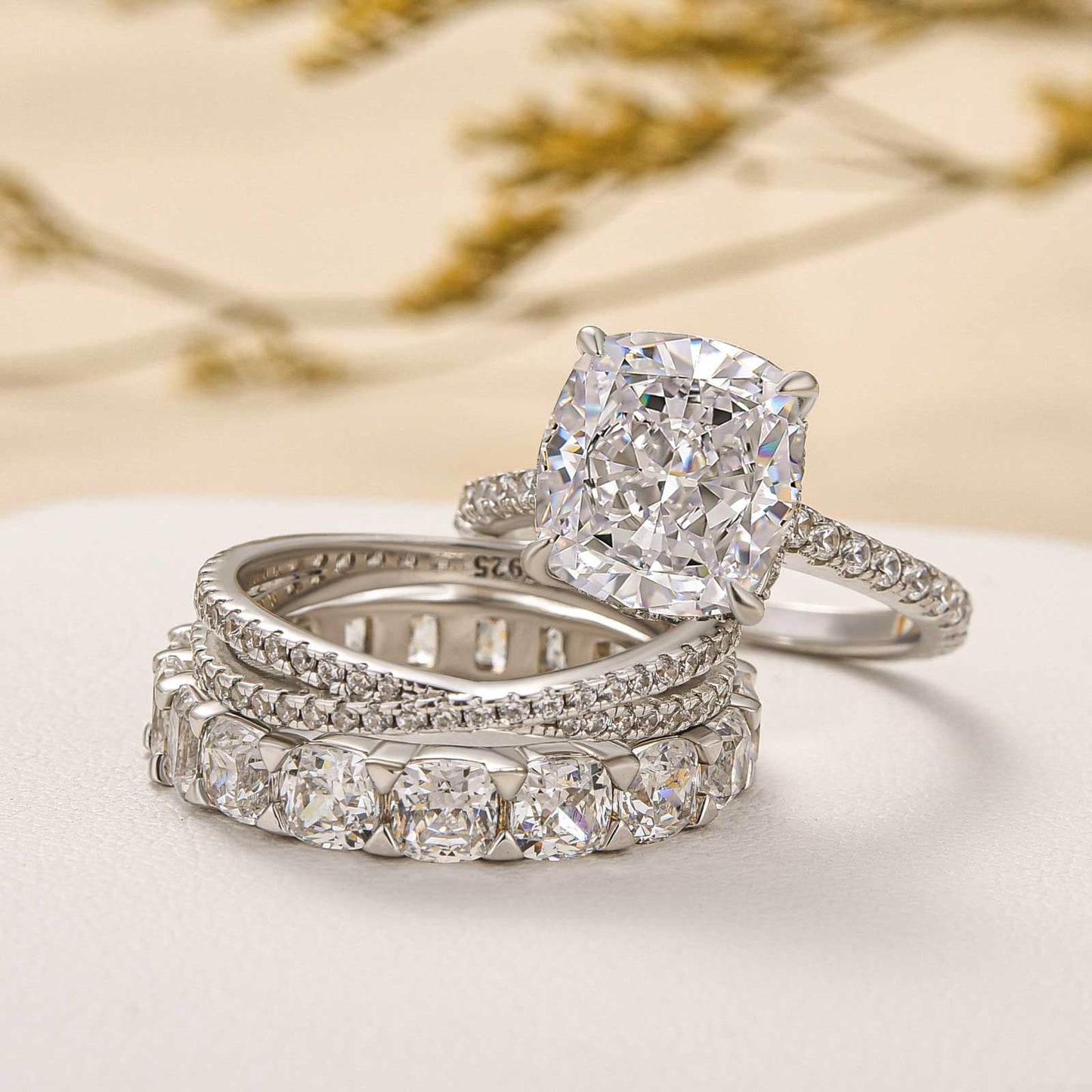 4.5Ct Cushion Cut 3PC Ring Set - White/Yellow/Rose Gold Plated