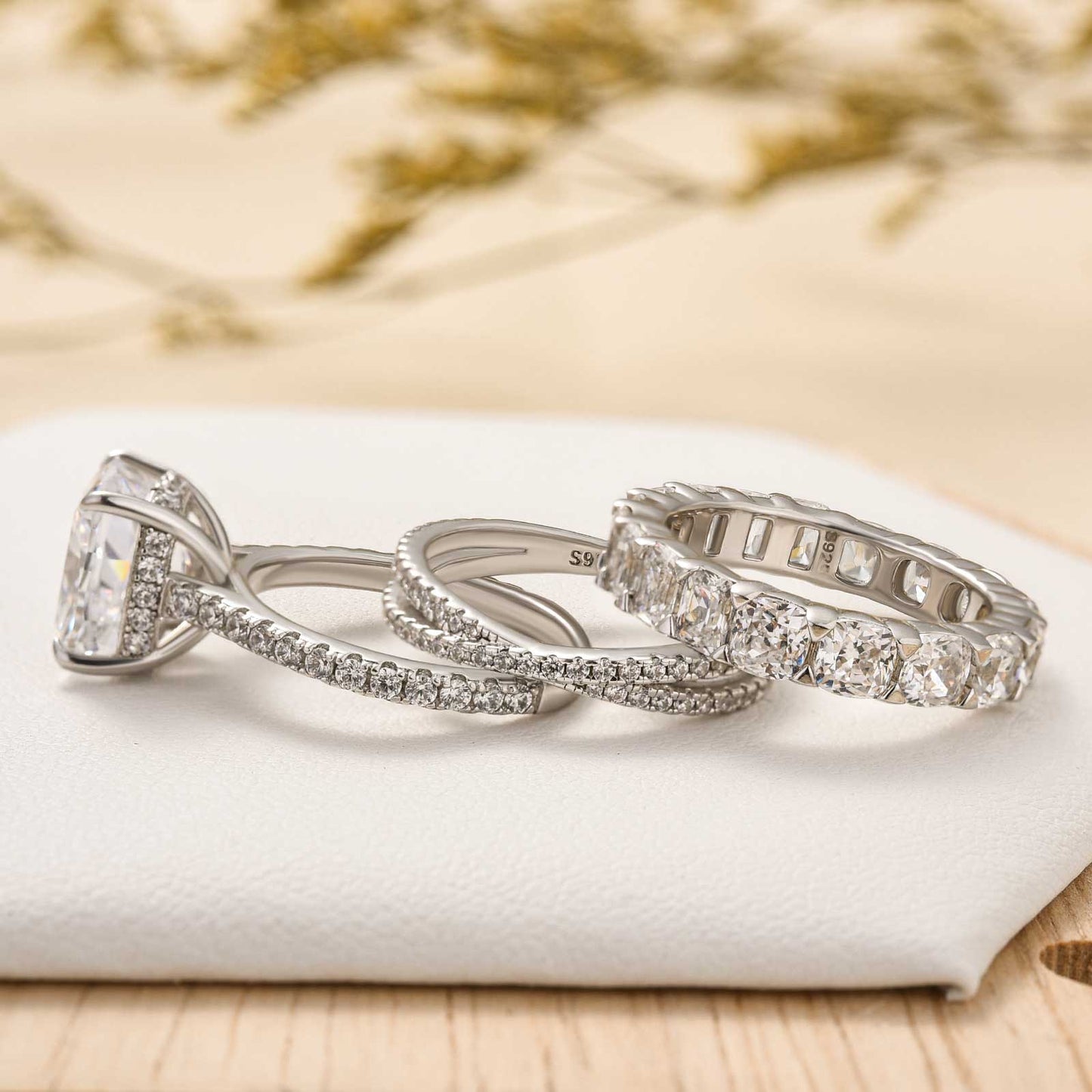 4.5Ct Cushion Cut 3PC Ring Set - White/Yellow/Rose Gold Plated