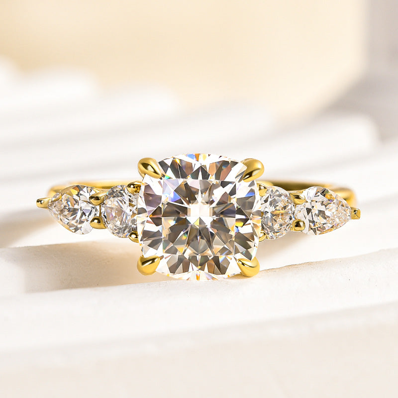 2.0Ct Cushion Cut Moissanite & White Sapphire Ring - 925 Silver Yellow Gold