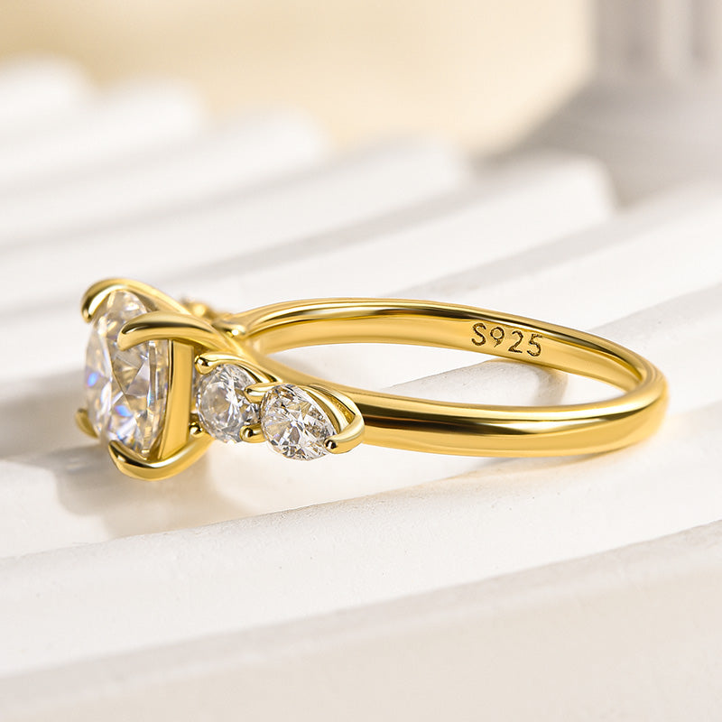 2.0Ct Cushion Cut Moissanite & White Sapphire Ring - 925 Silver Yellow Gold