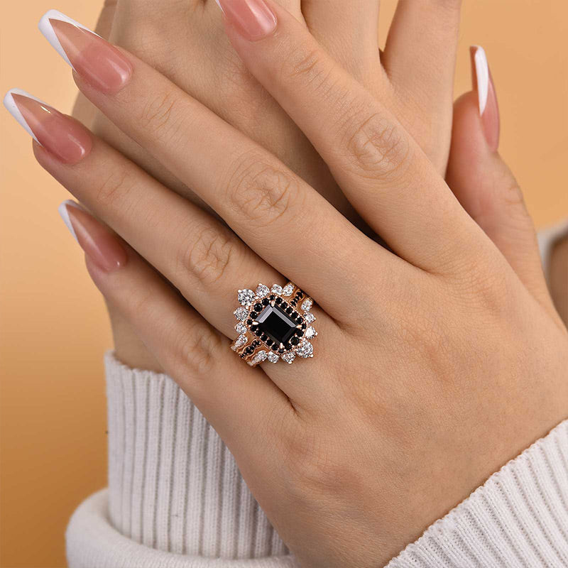 2.0Ct Black Radiant Cut 3-Piece Wedding Set in Rose Gold