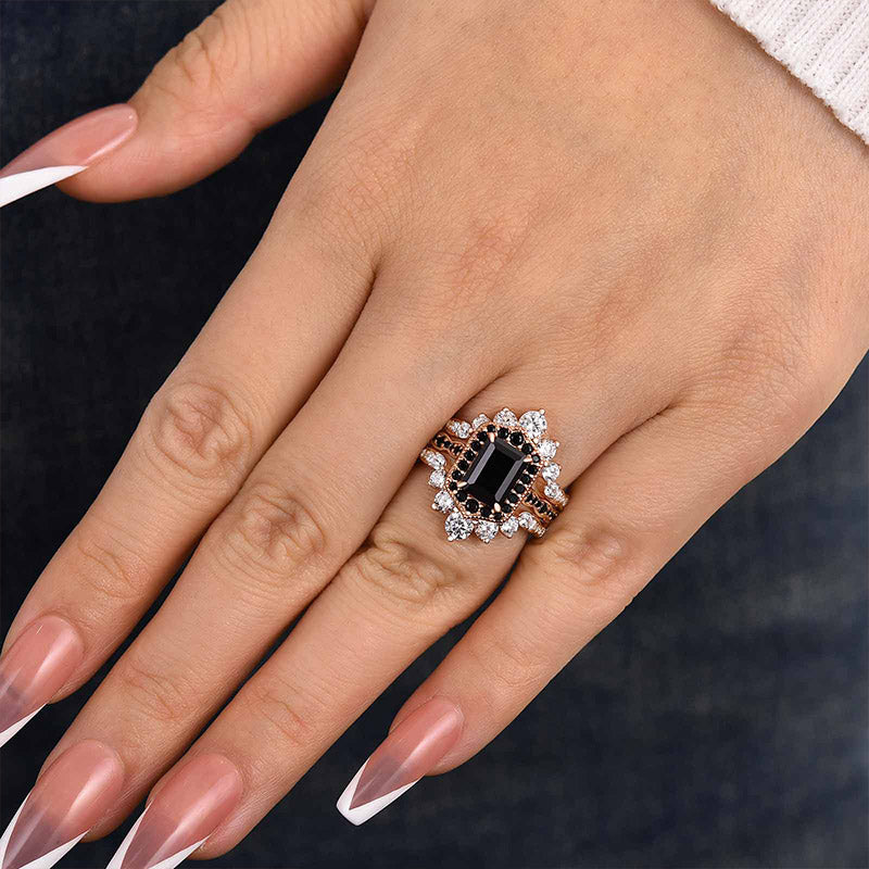 2.0Ct Black Radiant Cut 3-Piece Wedding Set in Rose Gold