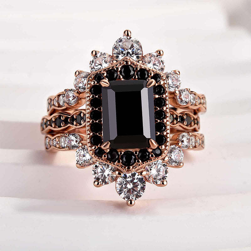 2.0Ct Black Radiant Cut 3-Piece Wedding Set in Rose Gold