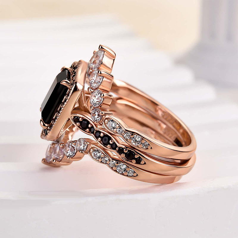 2.0Ct Black Radiant Cut 3-Piece Wedding Set in Rose Gold