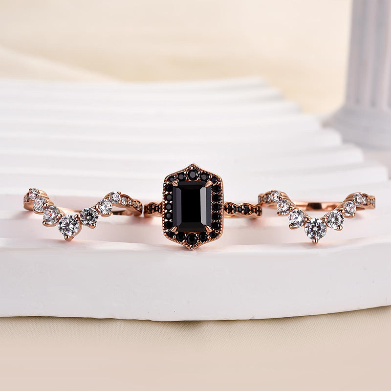 2.0Ct Black Radiant Cut 3-Piece Wedding Set in Rose Gold