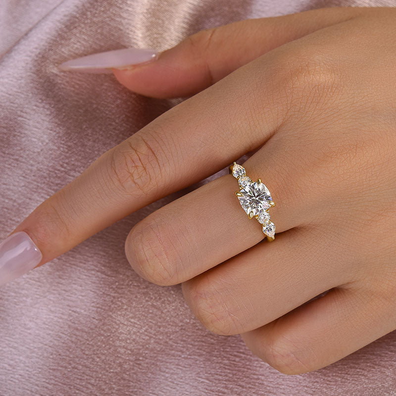 2.0Ct Cushion Cut Moissanite & White Sapphire Ring - 925 Silver Yellow Gold