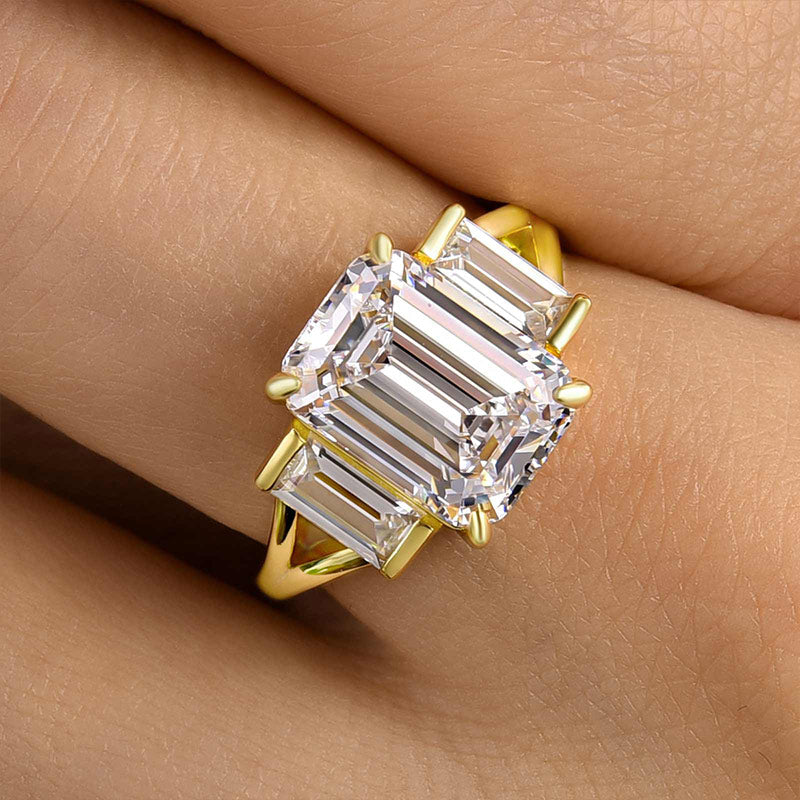 4.5Ct Emerald Cut Simulated Diamond Ring Set 925 Silver 18K Gold