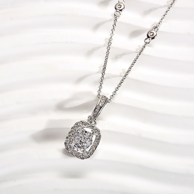 Elegant Cushion-Cut Diamond Necklace – 925 Silver, 18K White Gold Plated