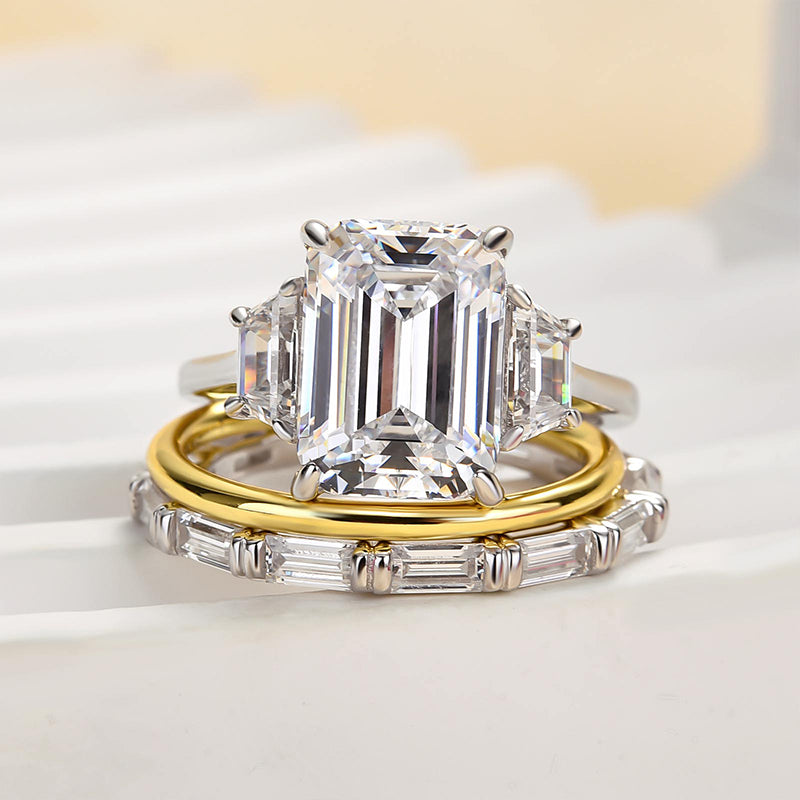 Elegant Emerald Cut Three Stone Wedding Set