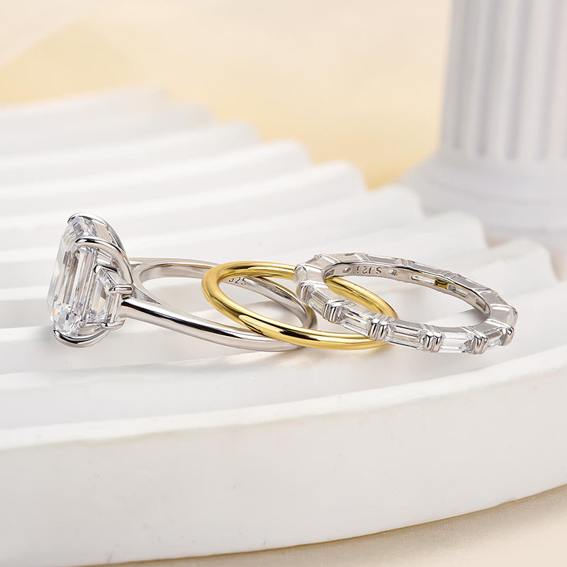 Elegant Emerald Cut Three Stone Wedding Set