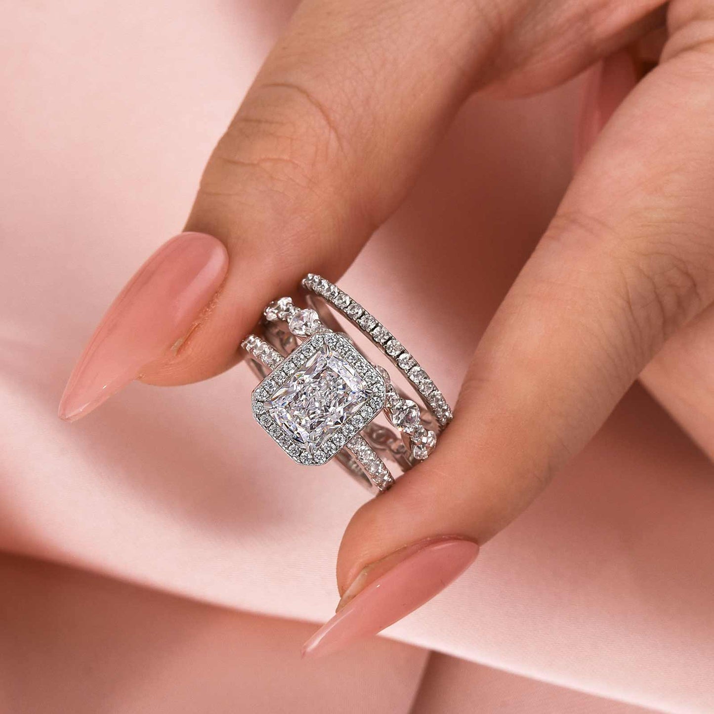 3.0Ct Radiant Halo Wedding Set - 925 Silver White Gold