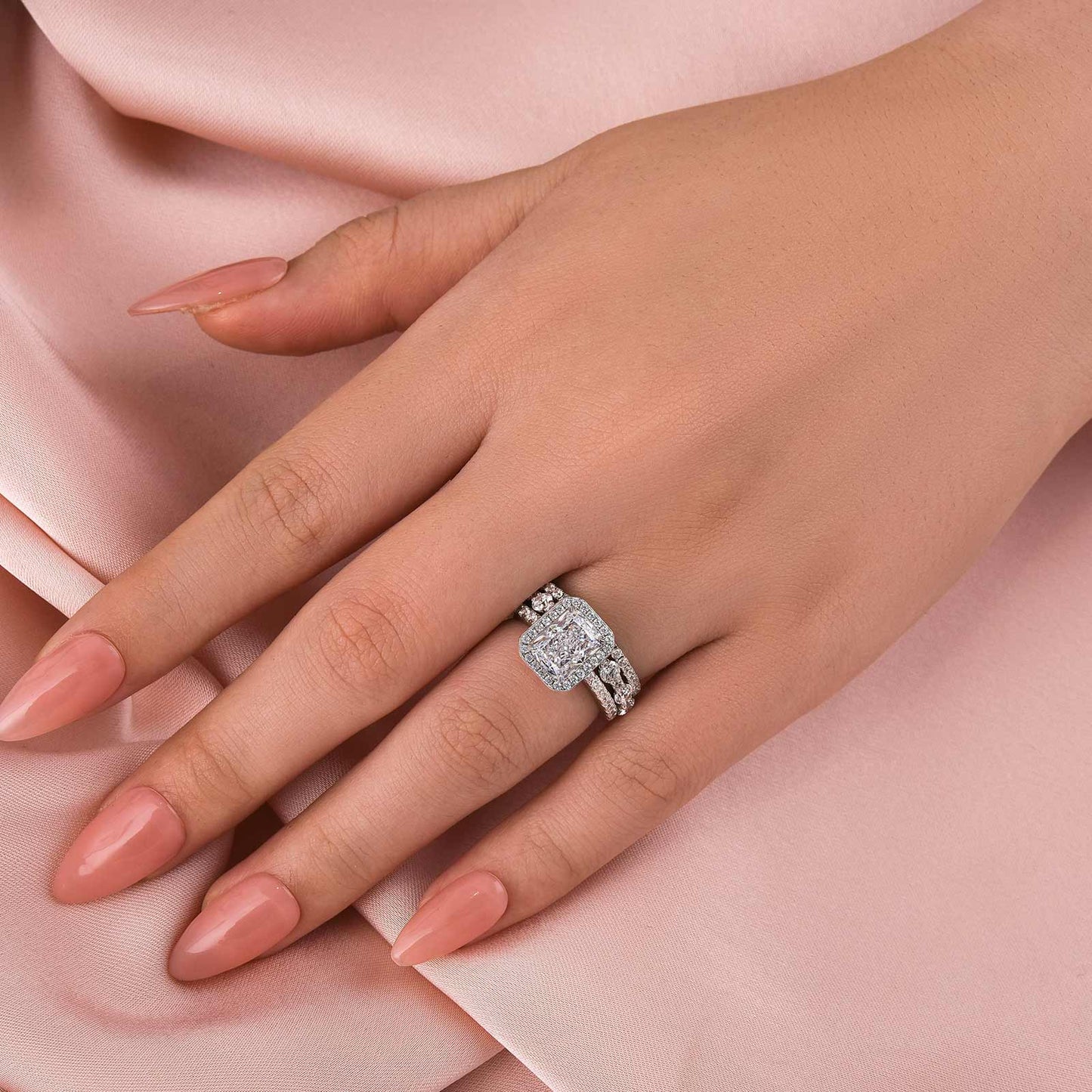 3.0Ct Radiant Halo Wedding Set - 925 Silver White Gold