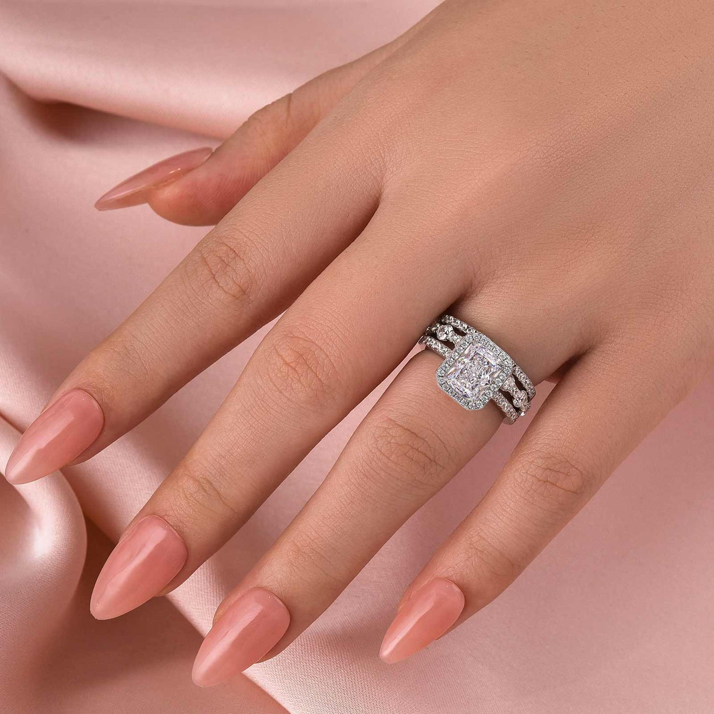 3.0Ct Radiant Halo Wedding Set - 925 Silver White Gold