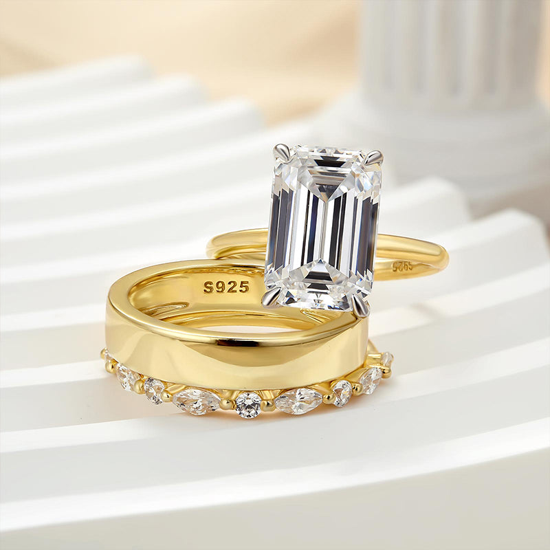 5Ct Emerald Cut 3-Piece Wedding Set - Two-Tone Gold Plated Sterling Silver