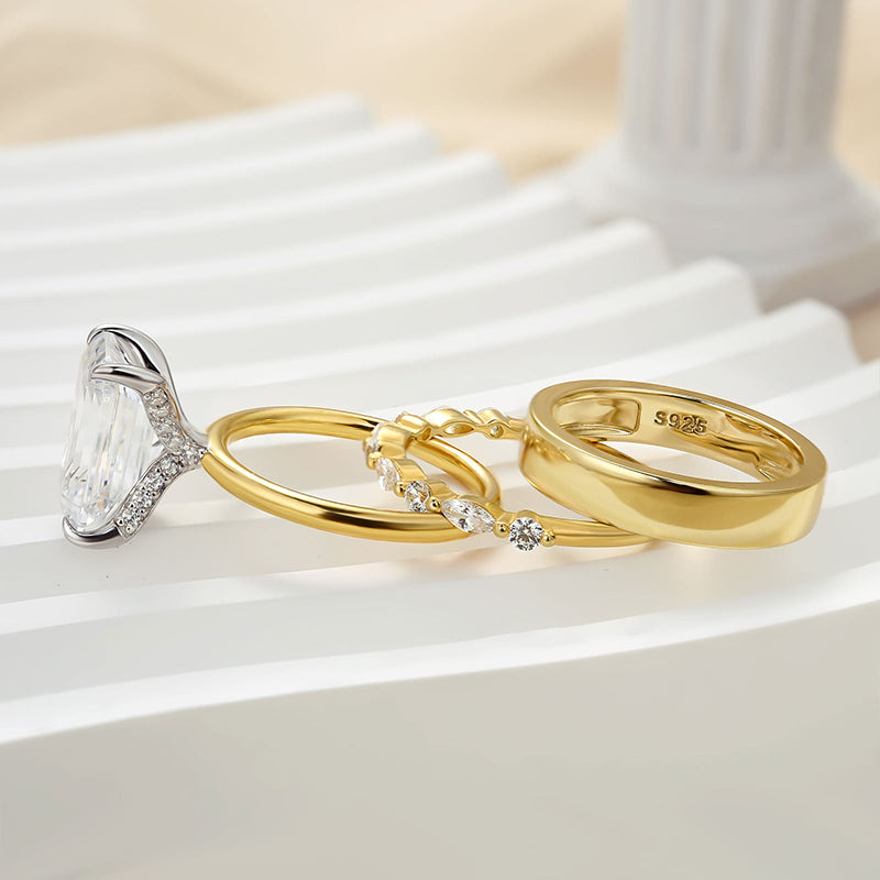5Ct Emerald Cut 3-Piece Wedding Set - Two-Tone Gold Plated Sterling Silver
