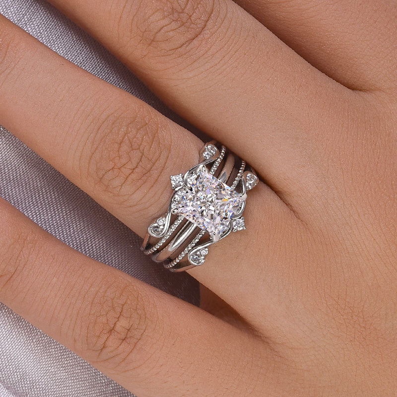 Noble Crown Princess Cut Wedding Set - 2.0Ct Square Diamond & 0.25Ct Accents