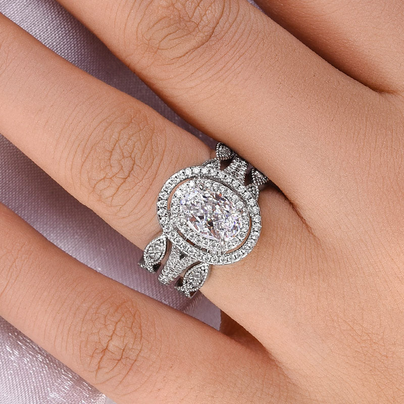 Elegant Oval Cut Double Halo Ring Set in Sterling Silver