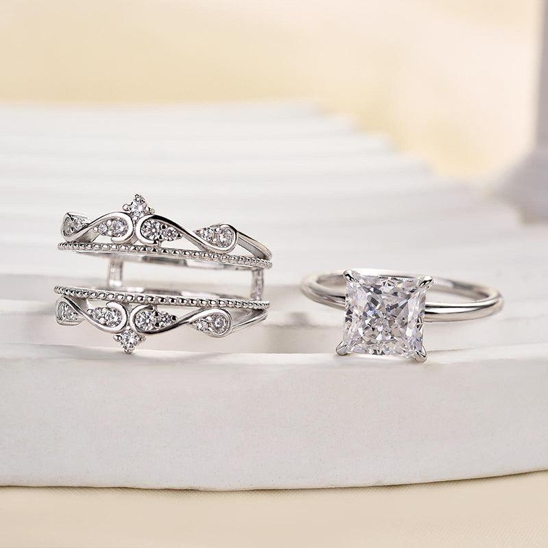 Noble Crown Princess Cut Wedding Set - 2.0Ct Square Diamond & 0.25Ct Accents