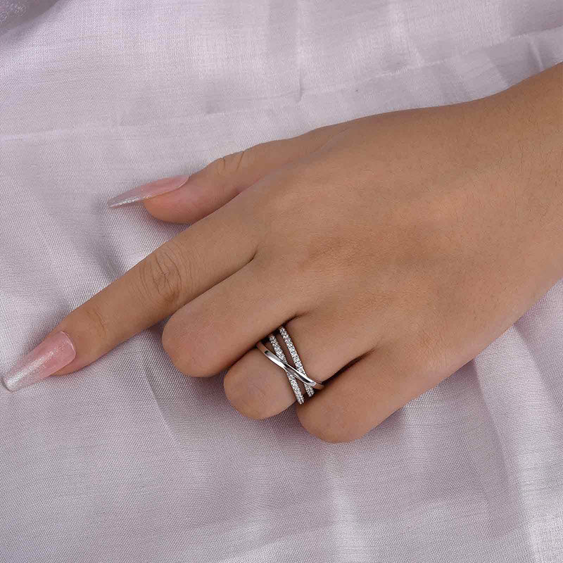 Elegant Rhodium-Plated Sterling Silver Band with Simulated Diamonds
