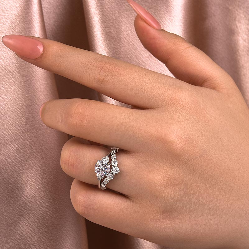 1.2Ct Round Cut Moissanite Wedding Set - Curved White Gold Band