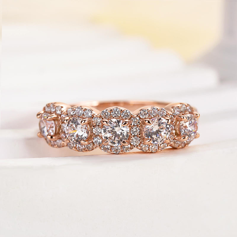 1.8ct Halo 5-Stone Anniversary Ring in Sterling Silver & Tri-Gold