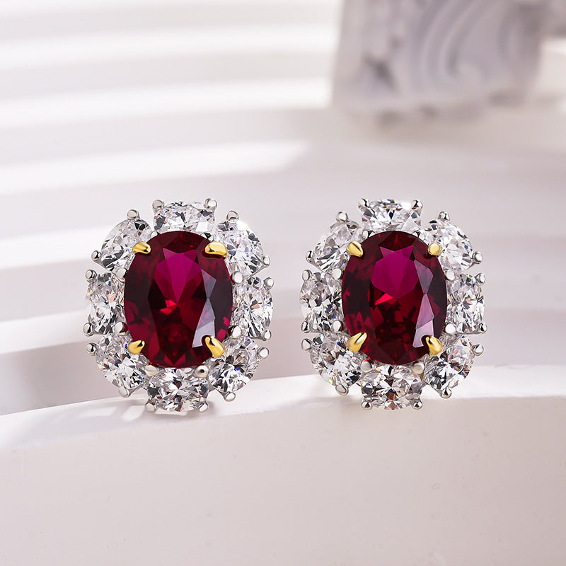 Boucles d'oreilles ovales en rubis avec diamants synthétiques