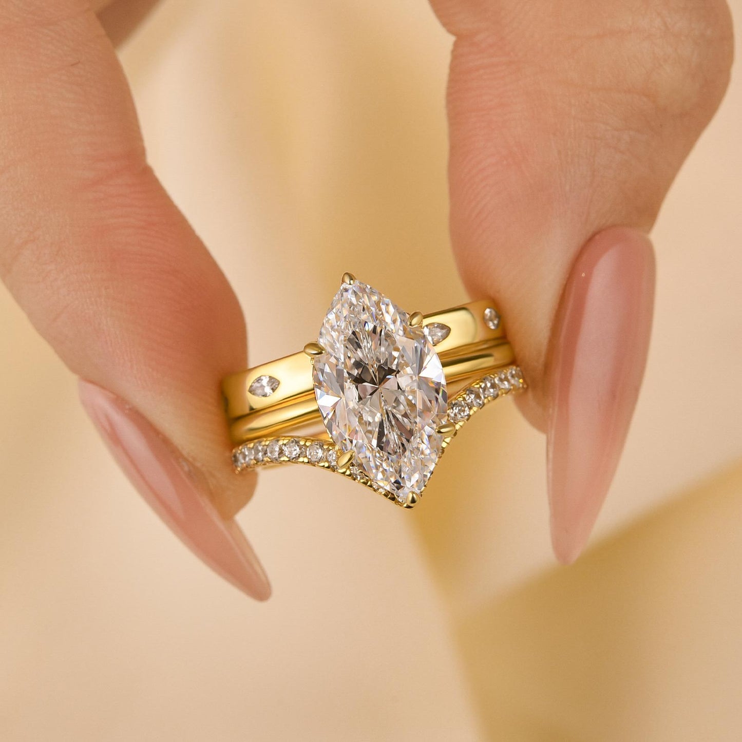 4Ct Marquise Cut Gold Wedding Set - 3PC Vintage Style Bands