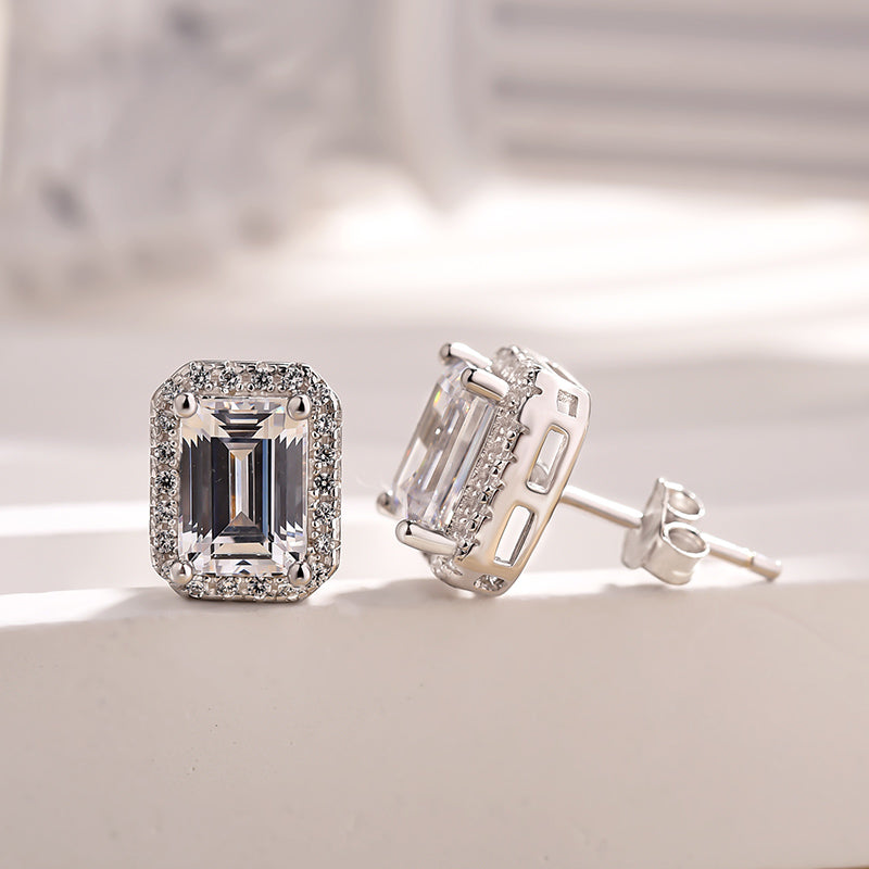 Emerald Cut White Sapphire Earrings with Simulated Diamonds
