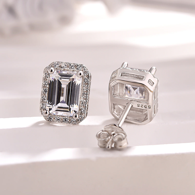 Emerald Cut White Sapphire Earrings with Simulated Diamonds