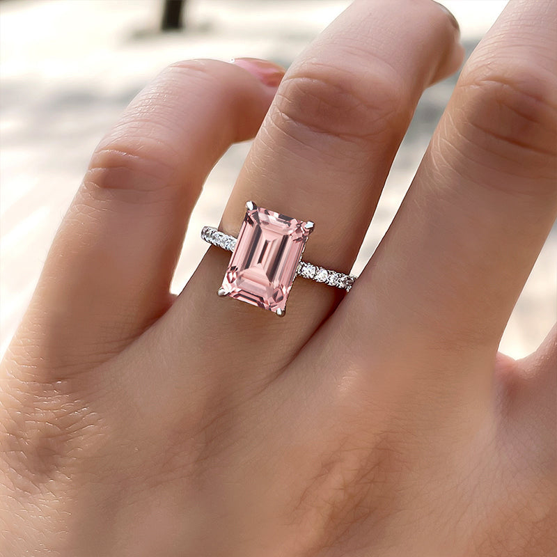 3.5Ct Synthetic Morganite Emerald Cut Ring 925 Silver