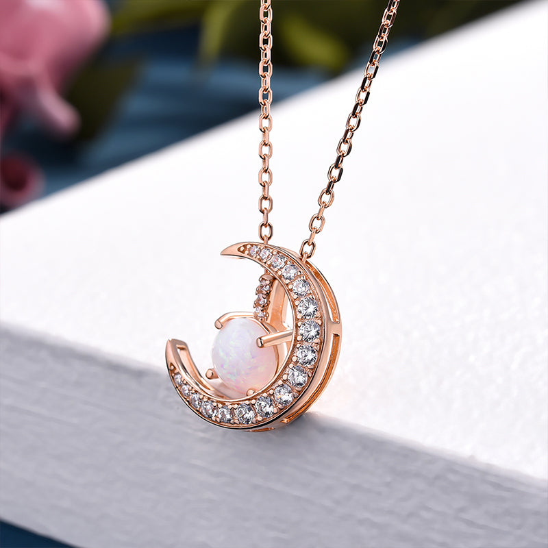 Elegant Opal Round Cut Simulated Diamond Necklace in Rose Gold