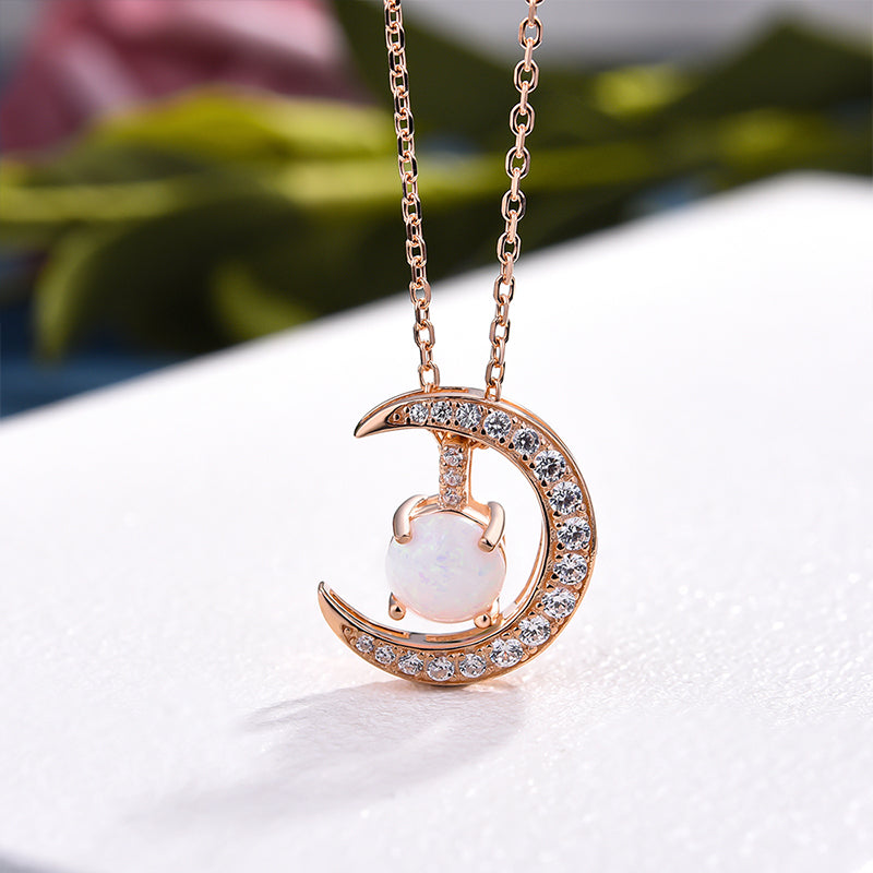 Elegant Opal Round Cut Simulated Diamond Necklace in Rose Gold